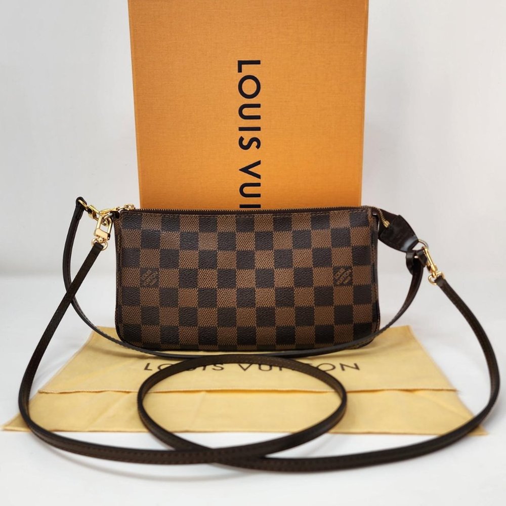 LOUIS VUITTON Pochette Accessoires NM Damier Ebene Pouch Bag w/ Crossbody Strap